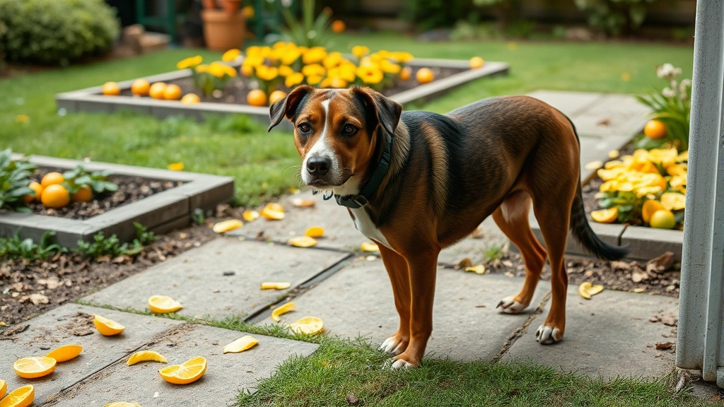 A dog standing at the edge of a yard where citrus peels are scattered on the ground near garden beds, dog appears hesitant to enter