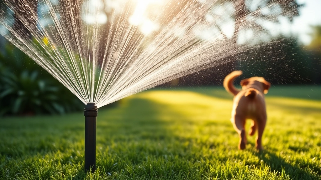 A motion-activated sprinkler system in action, spraying water across a lawn with morning sunlight visible, dog jumping back from the spray in the distance
