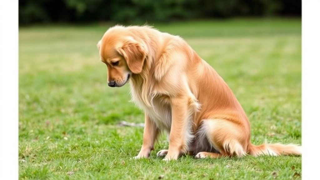Golden retriever sitting outdoors in a grassy area, looking down at the ground with a calm expression, showing the dog's full body posture