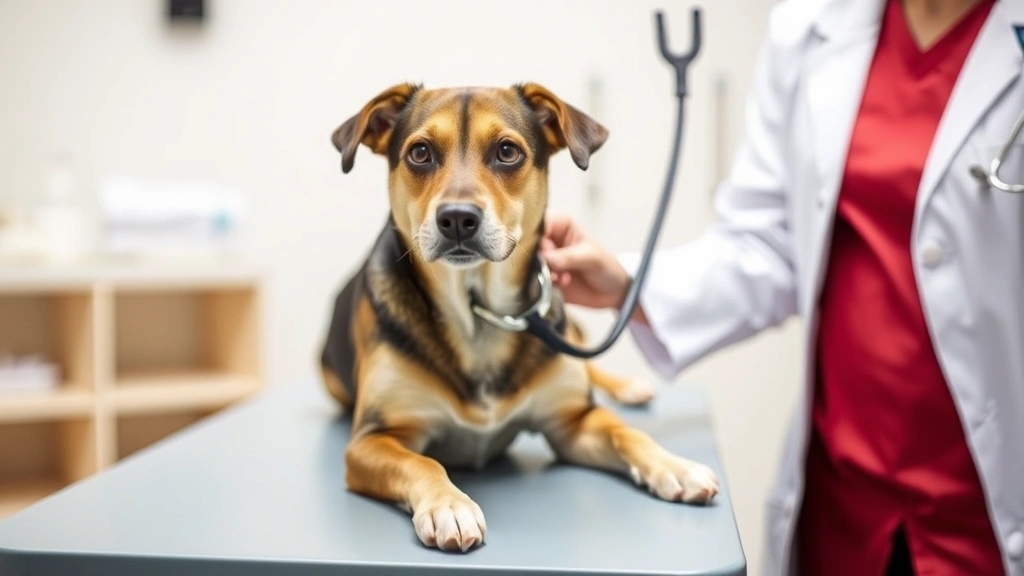 Veterinarian in white coat examining a medium-sized dog on an examination table using a stethoscope, professional clinic setting with soft lighting