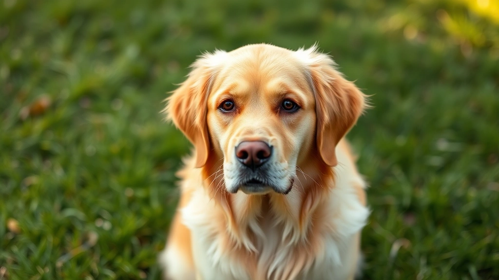 A golden retriever sitting outdoors with a concerned expression, looking toward camera with natural lighting and green grass background, photorealistic style