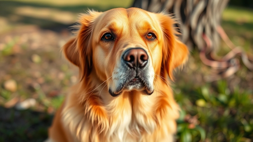 Golden Retriever sitting outdoors looking uncomfortable and anxious, close-up of dog's face showing distress, natural daylight setting