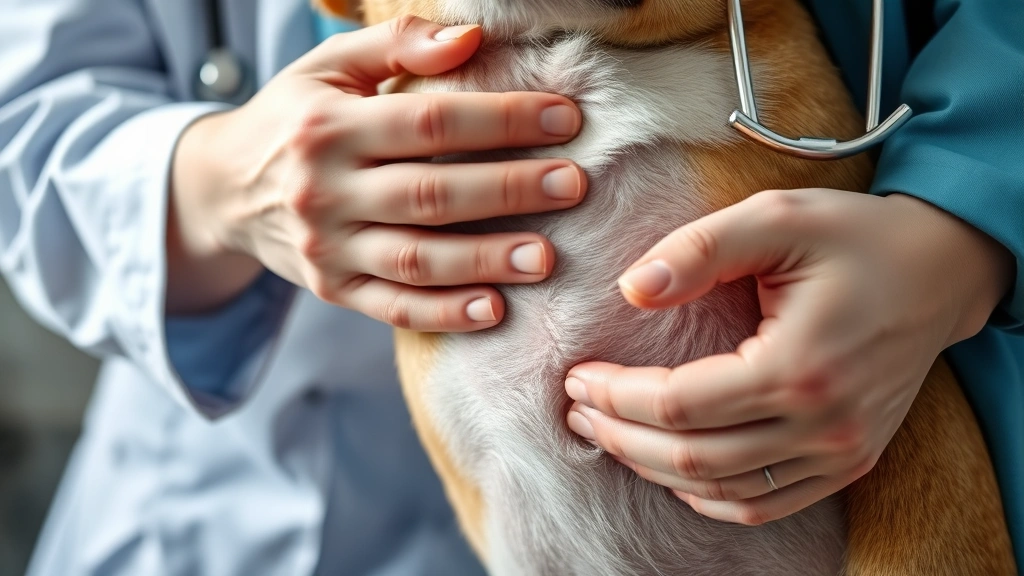 Close-up of a veterinarian's hands examining a dog's abdomen during a medical checkup, professional clinical setting with soft lighting, photorealistic