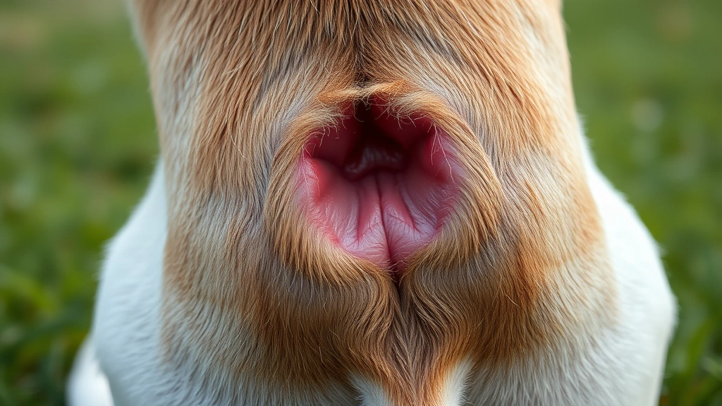 Close-up of dog's rear end and genital area showing signs of irritation, sitting on grass, realistic veterinary documentation style