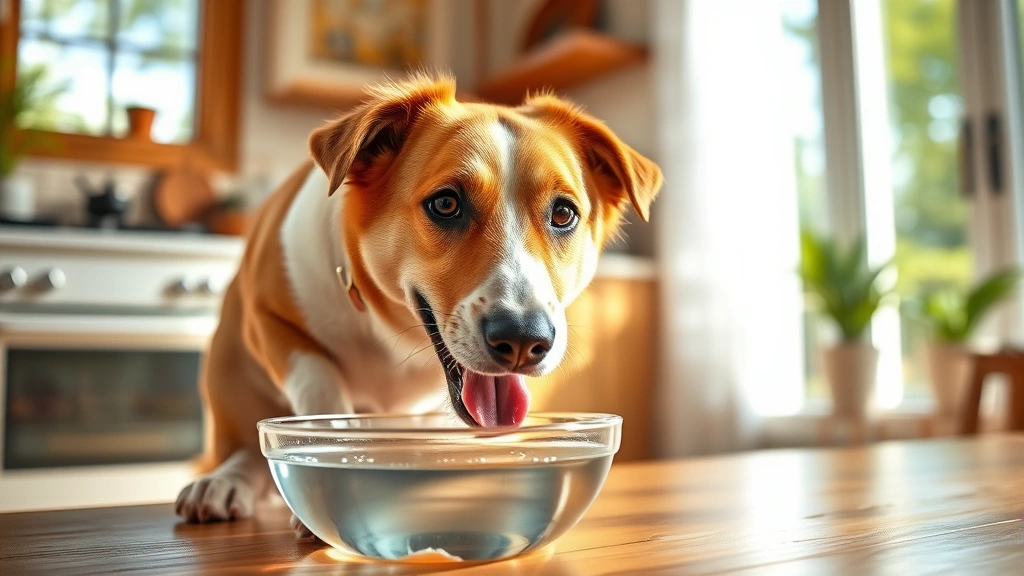A happy dog drinking fresh water from a bowl in a sunny kitchen, clear water visible, relaxed and healthy appearance, photorealistic style
