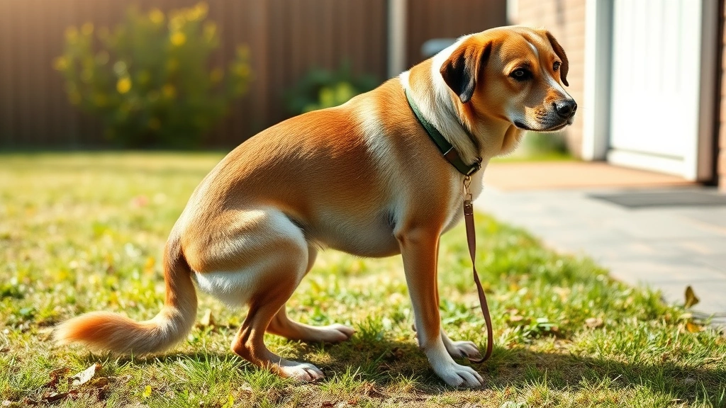 Senior female dog squatting to urinate in backyard, strain visible in posture, morning sunlight, natural outdoor environment