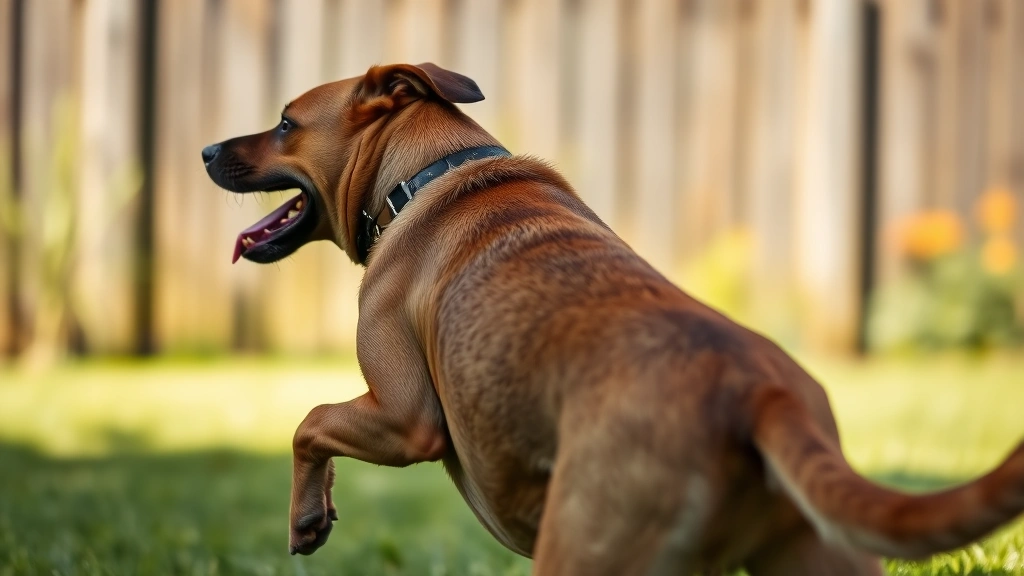 Brown dog scratching intensely at rear leg, mid-motion action shot, sunny backyard environment with blurred fence