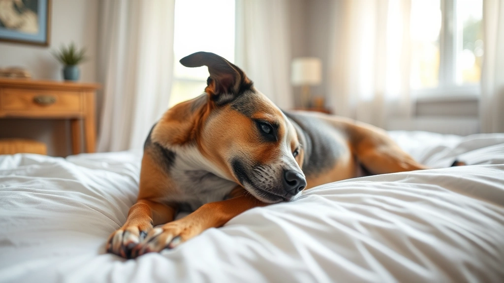 Dog lying on white bedding scratching neck area, bedroom setting, warm natural window light illuminating the scene