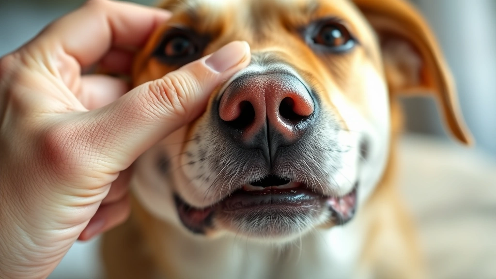 Close-up of dog's pale pink gums being gently checked by owner's hand, demonstrating health assessment technique with natural indoor lighting