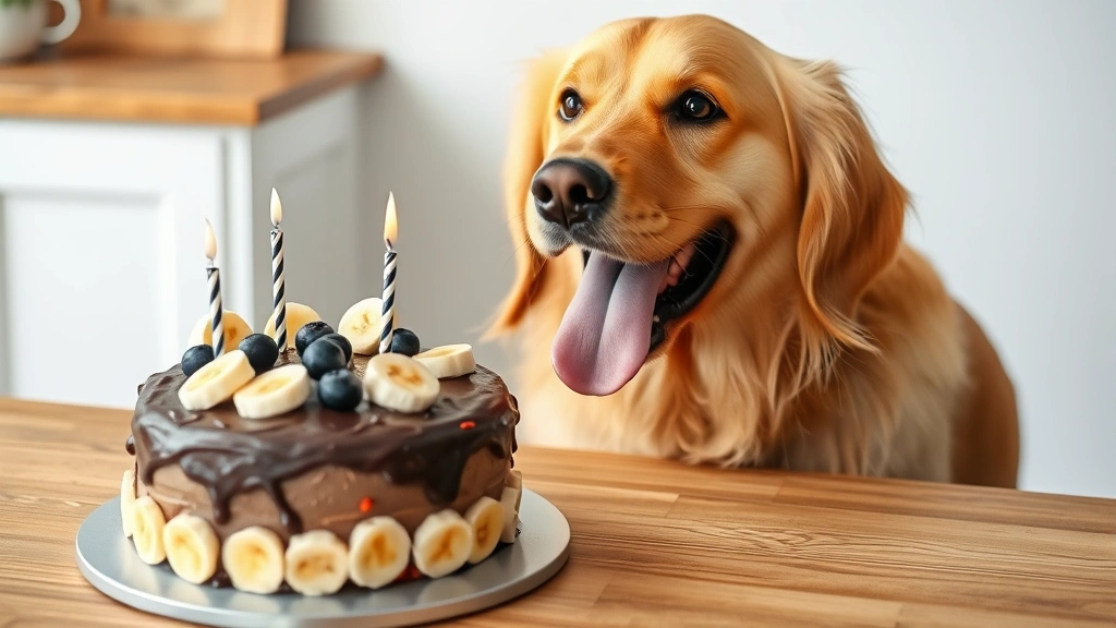 Golden retriever with tongue out looking at a homemade dog birthday cake decorated with banana slices and blueberries on a wooden table