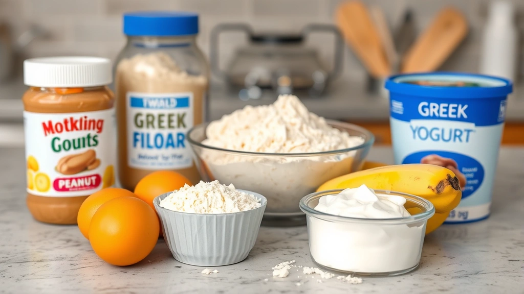 Close-up of dog birthday cake ingredients including peanut butter, eggs, whole wheat flour, mashed banana, and Greek yogurt arranged on a kitchen counter