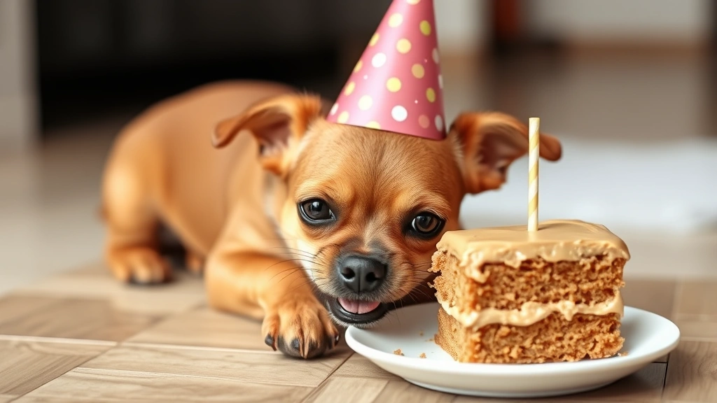 Small brown dog wearing a party hat, happily eating a slice of homemade dog-friendly cake with peanut butter frosting
