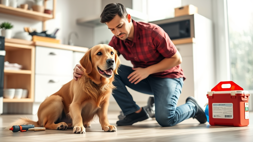 Concerned dog owner kneeling beside golden retriever in bright kitchen setting, veterinary emergency supplies nearby, no text no words no letters