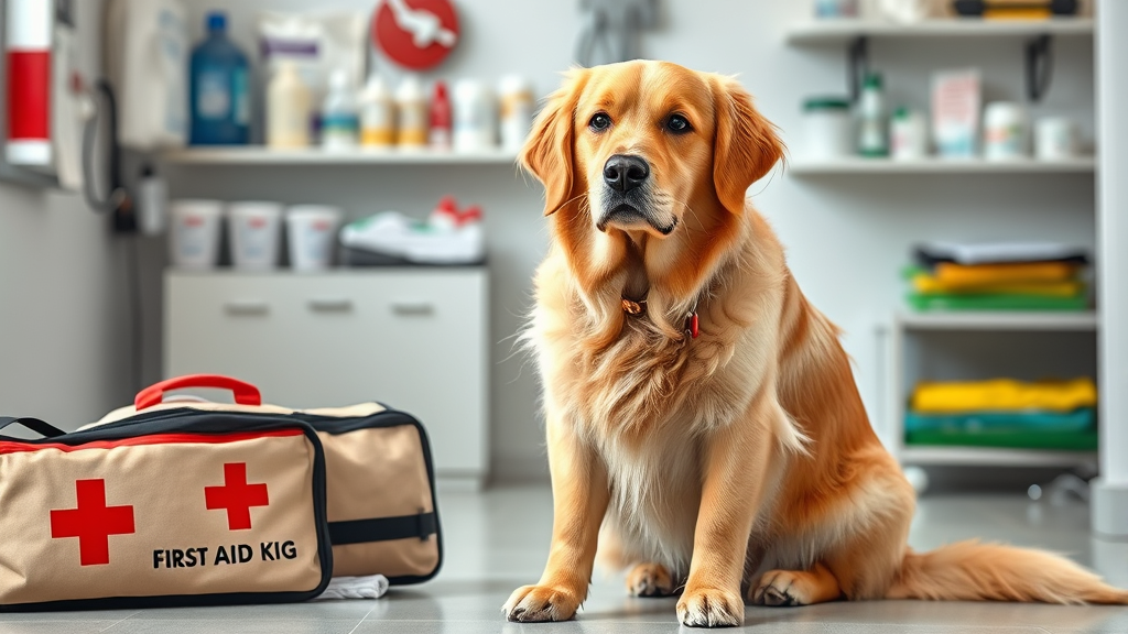 Golden retriever sitting attentively next to first aid kit and emergency supplies in bright veterinary office setting no text no words no letters