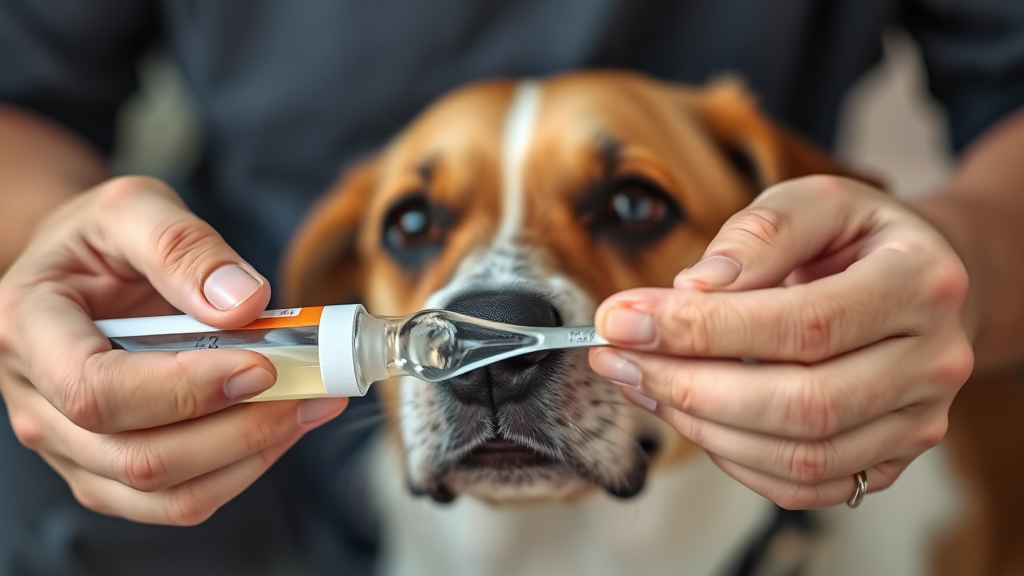Close up of dog owner's hands measuring hydrogen peroxide with measuring spoon near concerned looking dog no text no words no letters