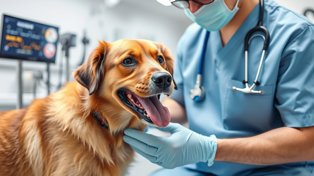 Veterinarian examining healthy dog after emergency treatment in modern animal clinic with medical equipment no text no words no letters