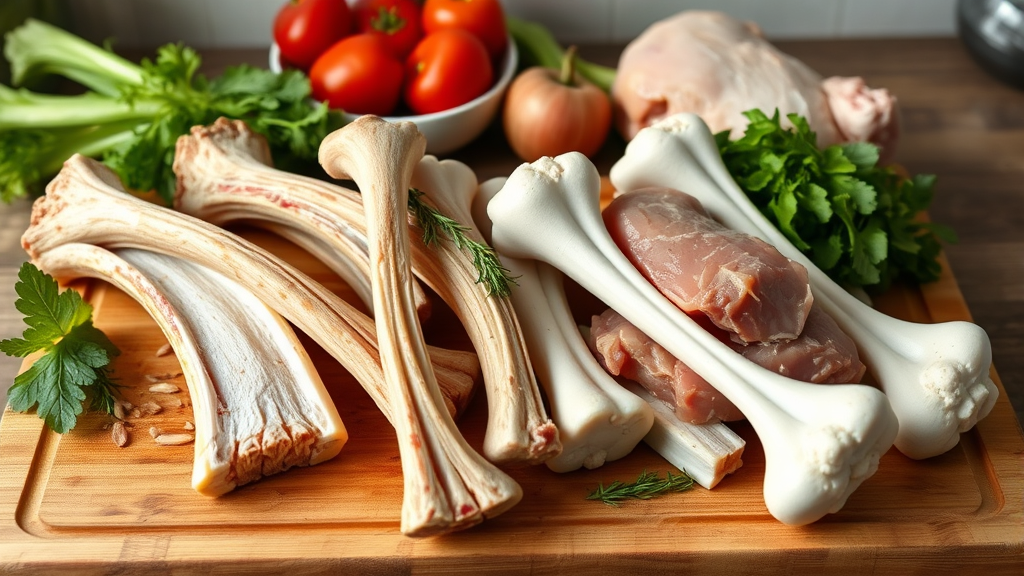 Large beef marrow bones and chicken bones arranged on cutting board with vegetables, kitchen setting, no text, no words, no letters