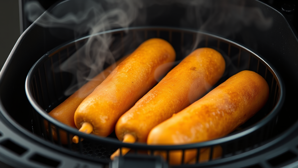 Air fryer basket containing perfectly cooked corn dogs with golden coating and steam rising no text no words no letters