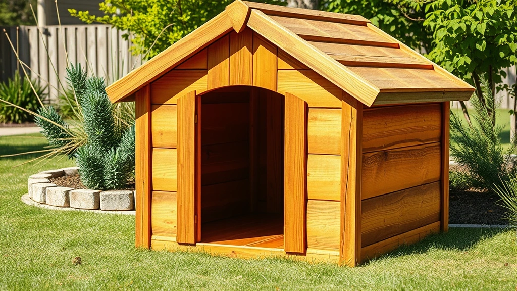 Photorealistic wooden dog house with open entrance, weathered cedar wood, positioned in a sunny backyard garden with grass and trees visible in background