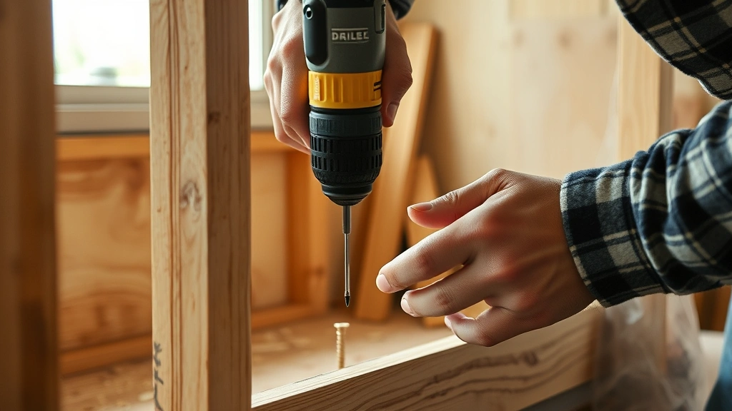 Close-up of carpenter's hands assembling dog house frame using drill and screws, wood shavings visible, natural daylight from workshop window
