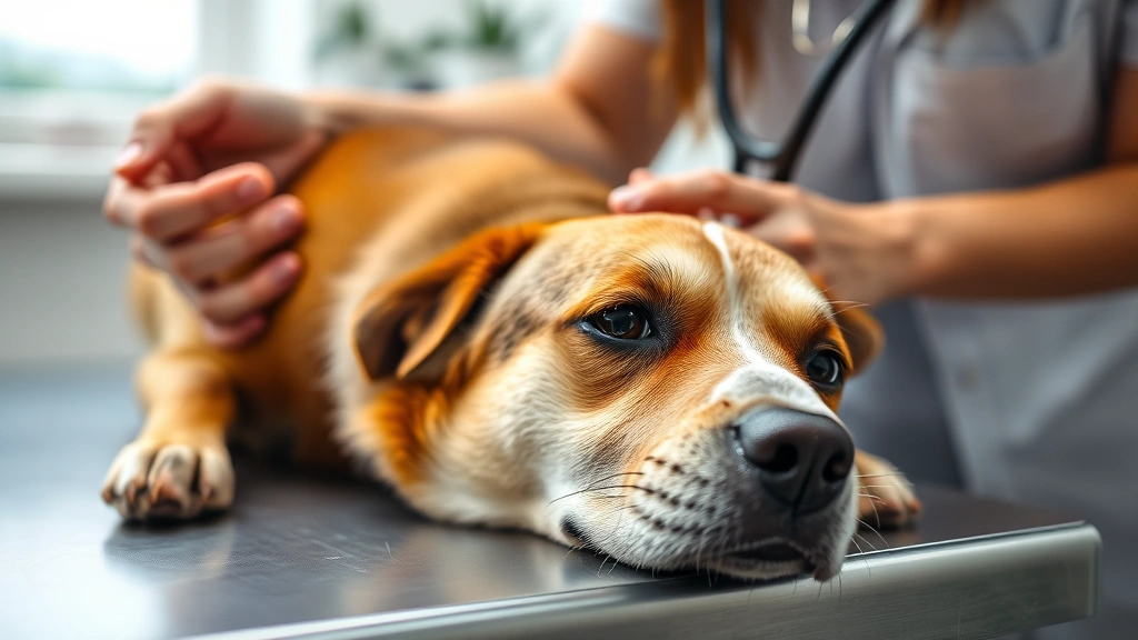 Close-up of a veterinarian examining a relaxed dog on an examination table using a stethoscope, professional clinical setting with soft lighting
