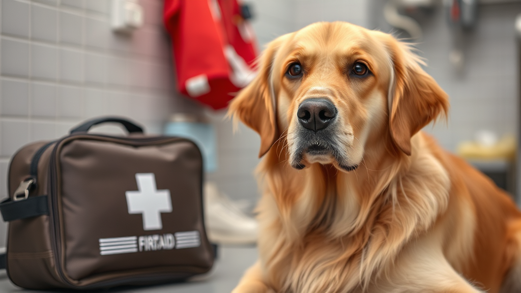 Golden retriever looking concerned with first aid kit nearby, veterinary emergency care setting, no text no words no letters
