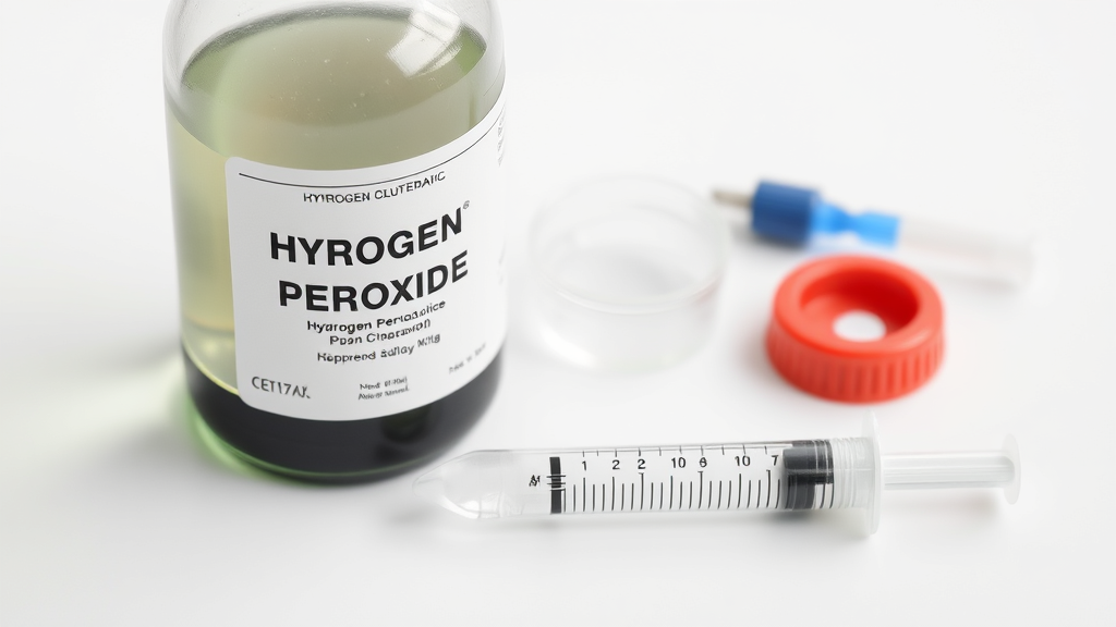 Hydrogen peroxide bottle with measuring spoon and syringe on clean surface, emergency pet care supplies, no text no words no letters