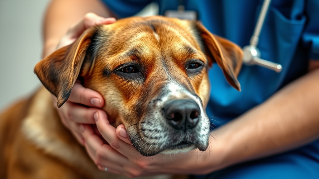 Dog being gently comforted by owner after medical procedure, caring hands and calm environment, no text no words no letters