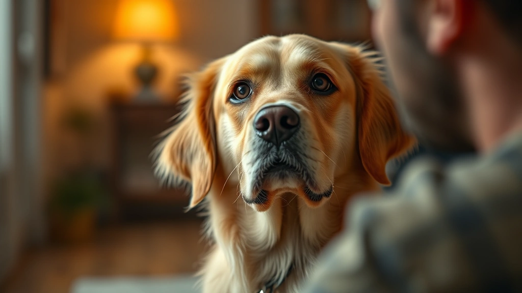 Golden Retriever looking at owner with concerned expression, warm indoor lighting, soft focus background