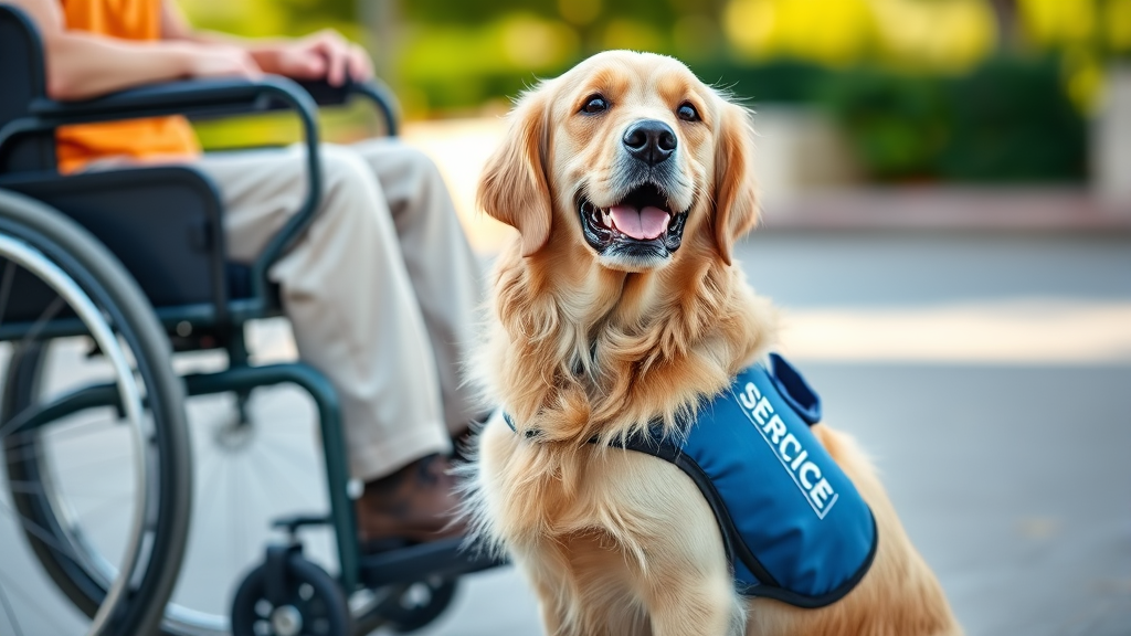 Golden retriever wearing service dog vest sitting attentively beside wheelchair user outdoors, professional training setting, no text no words no letters