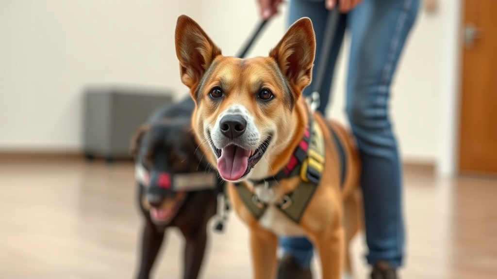 Dog performing mobility assistance task helping person with balance, indoor training environment, focused canine expression, no text no words no letters