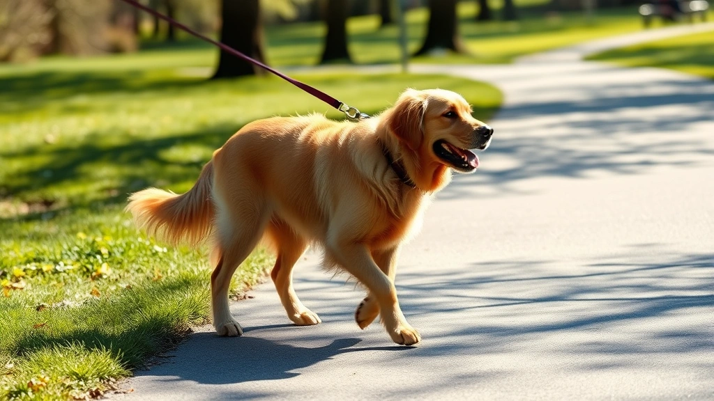 Golden Retriever on a leash walking briskly on a sunny park path, alert and active posture, green grass and trees visible