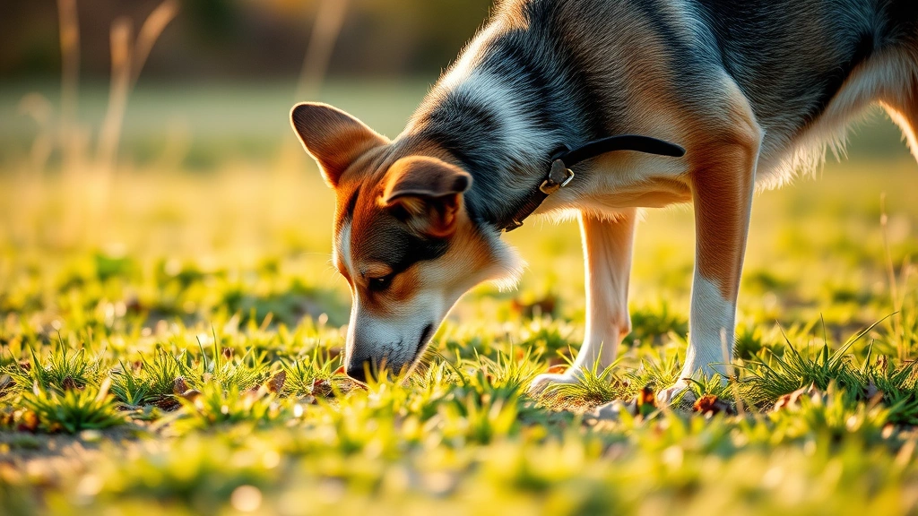 Dog sniffing ground in grassy area during early morning, natural outdoor setting, peaceful and focused expression