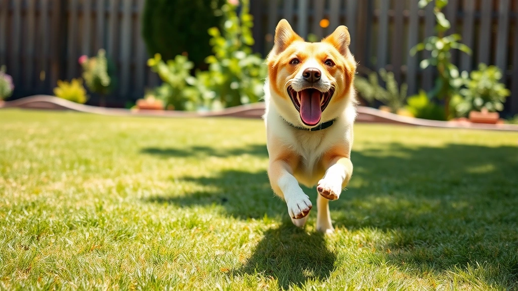 Happy dog running and playing fetch in backyard, energetic motion, bright daylight with fence and garden background