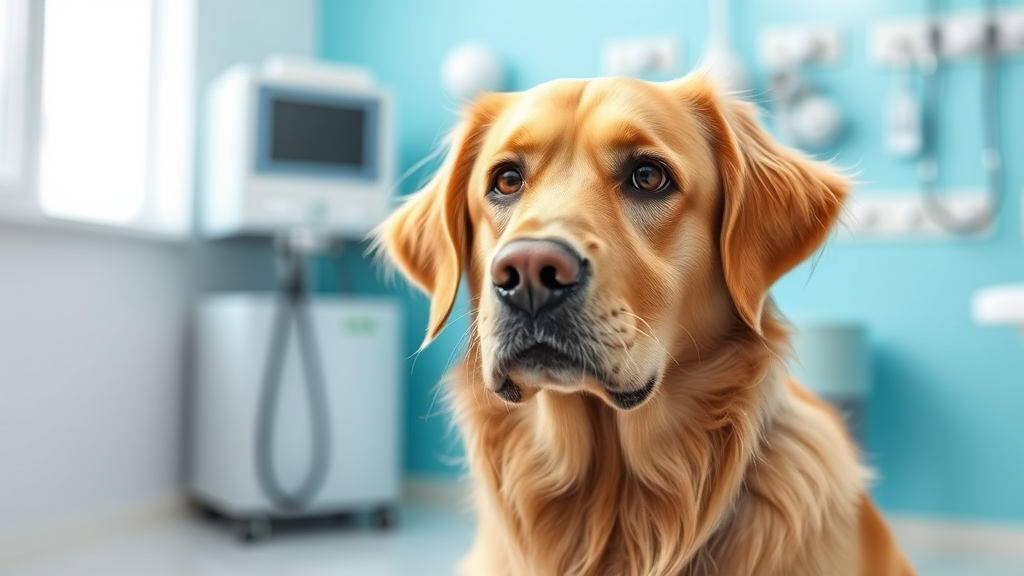Golden retriever dog looking concerned with worried expression in bright veterinary clinic setting no text no words no letters