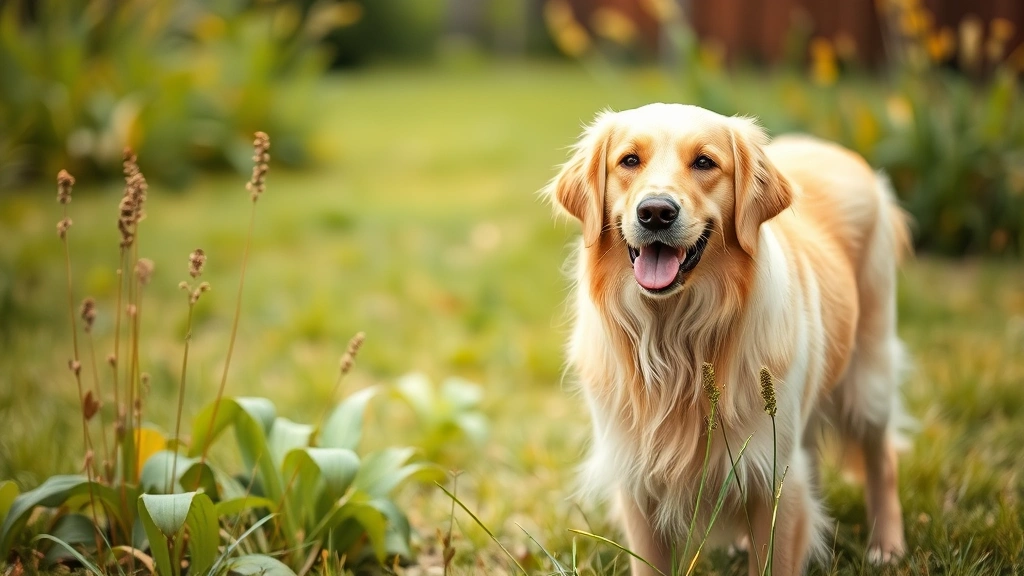 A golden retriever standing in a grassy yard with toxic plants in soft focus background, showing a healthy alert dog outdoors