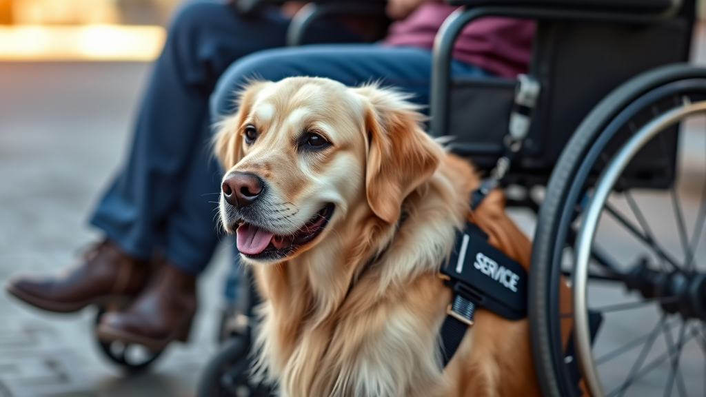 Golden retriever wearing service dog harness sitting attentively beside wheelchair user, no text no words no letters