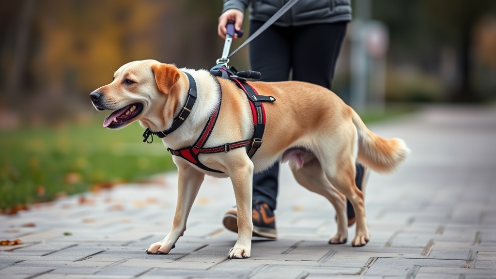 Dog performing mobility assistance task helping person with balance, training equipment visible, no text no words no letters