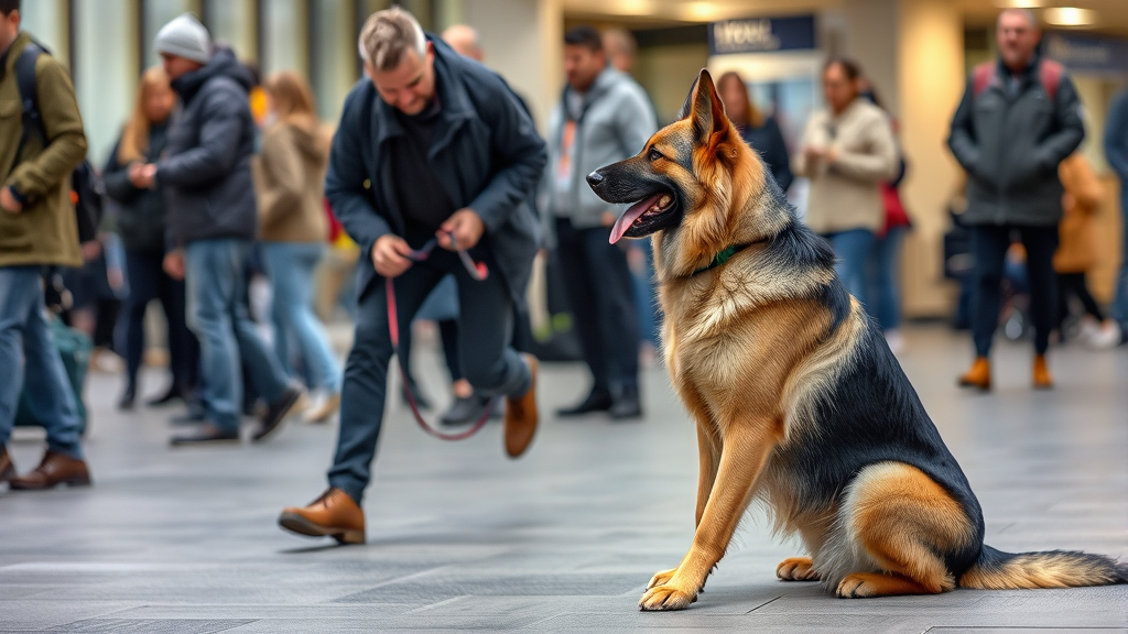 Professional dog trainer working with German Shepherd on task training in public setting, no text no words no letters