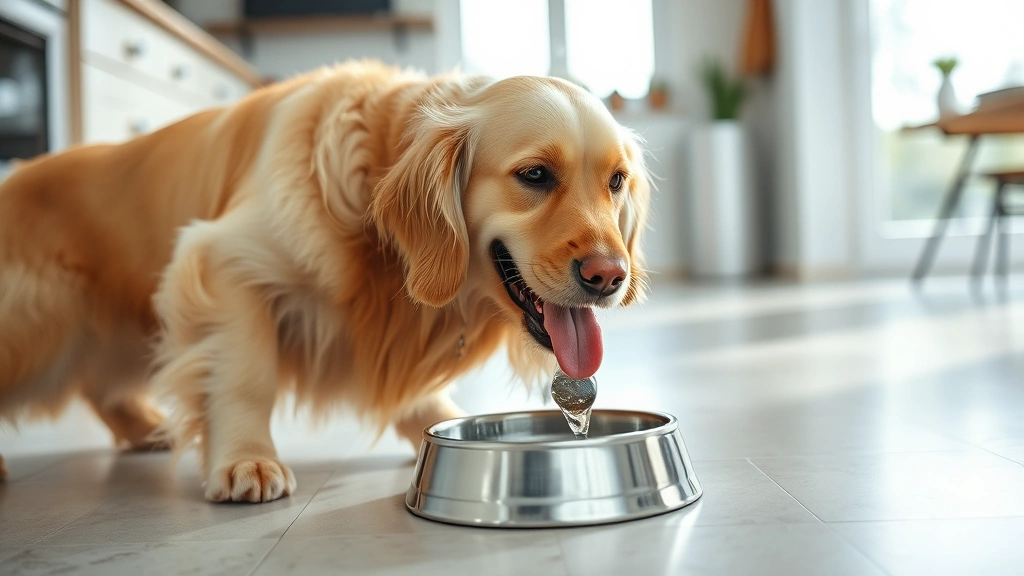 Golden Retriever happily drinking from a stainless steel water bowl in a bright, sunlit kitchen with ceramic tile flooring
