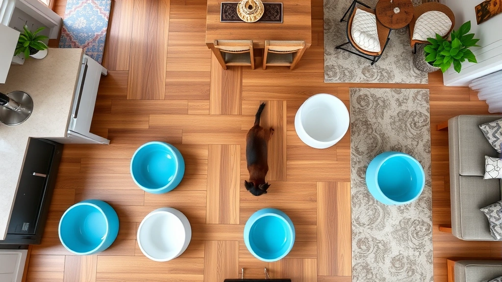 Overhead view of multiple water bowls placed throughout a dog-friendly home interior, including a kitchen area and living space with wooden floors