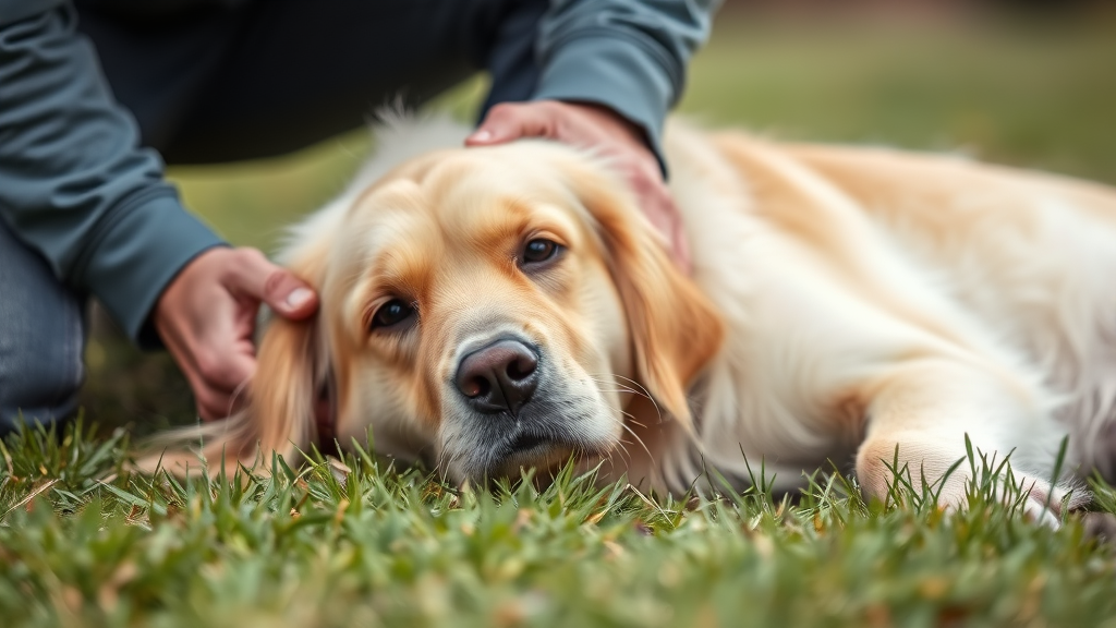 Golden retriever lying peacefully on grass with concerned owner kneeling beside providing gentle care, no text no words no letters