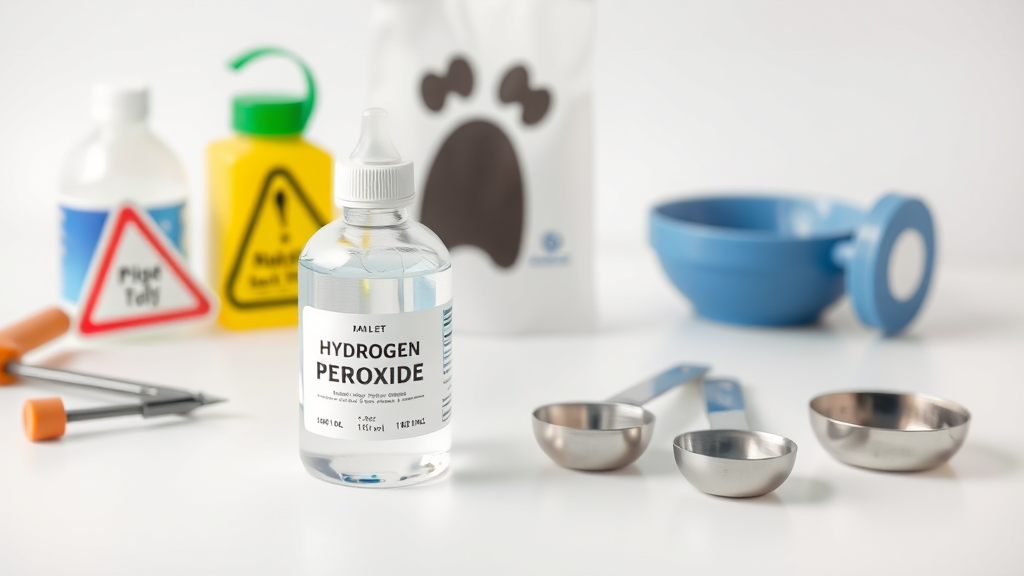 Hydrogen peroxide bottle and measuring spoons on clean white surface with dog safety items nearby, no text no words no letters