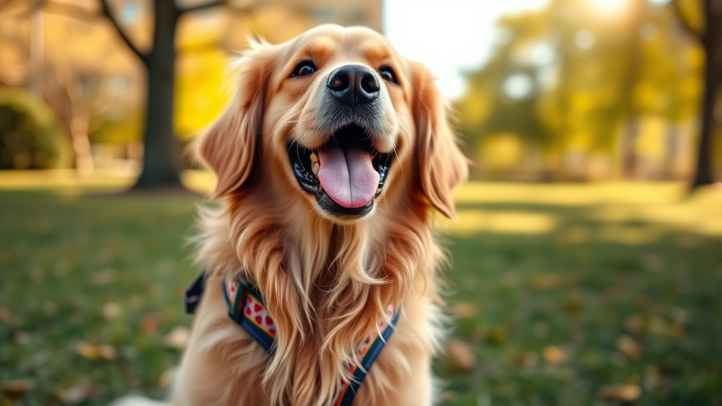 Happy golden retriever wearing colorful harness outdoors in sunny park setting, no text, no words, no letters