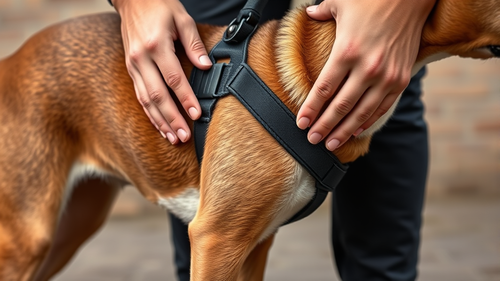 Close up hands gently placing harness on calm dog showing proper technique and positioning, no text, no words, no letters