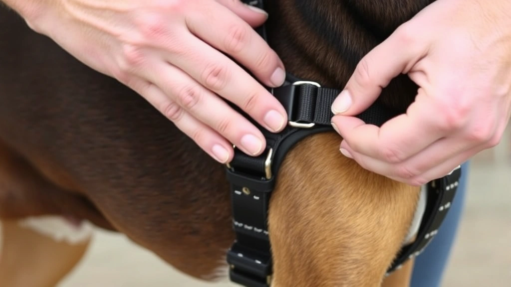 Close-up of hands adjusting a properly fitted harness on a medium-sized dog's chest, demonstrating the two-finger rule for fit