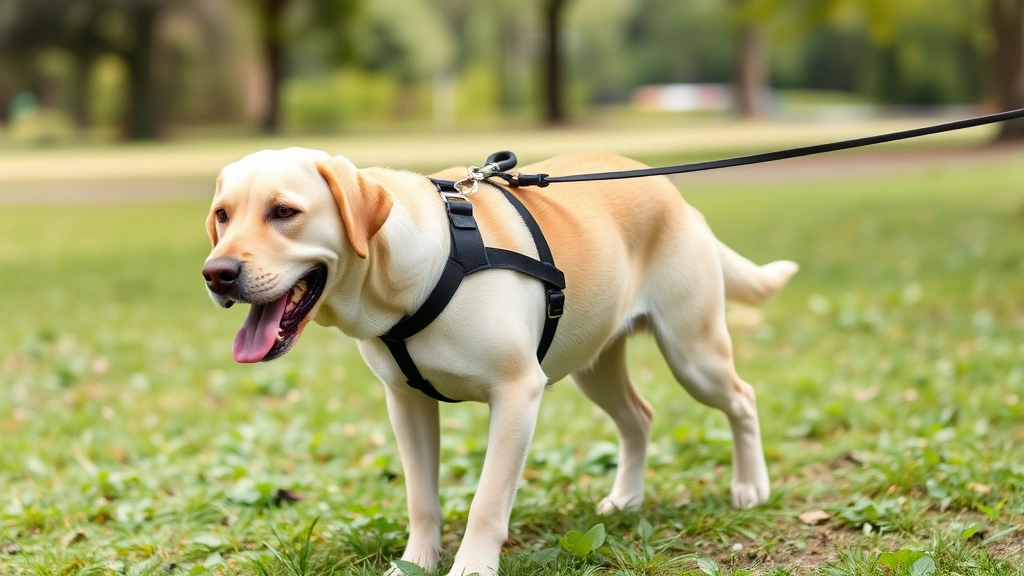 Happy Labrador walking confidently on a leash while wearing a well-fitted black harness, outdoor park setting with grass and trees