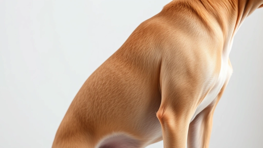 Close-up of a thin dog's side showing visible ribs, standing in natural light with neutral background, showing body condition assessment