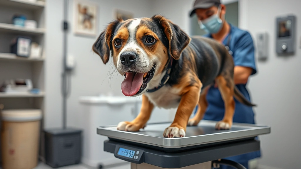 Dog being weighed on a veterinary scale at a clinic with a vet professional visible in background, clinical setting