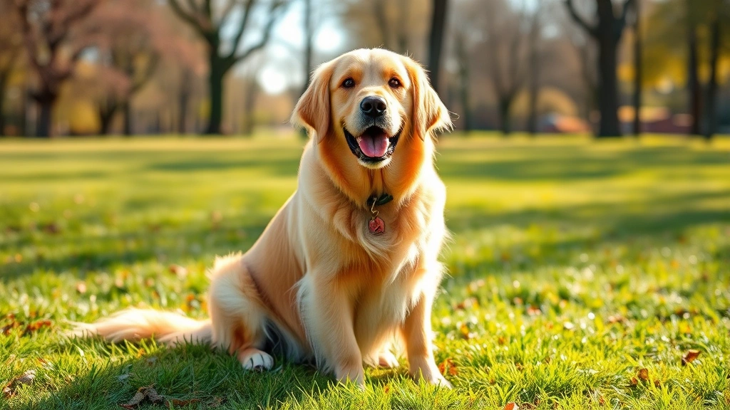 Golden Retriever sitting outdoors on grass in a park, healthy and active, morning sunlight, natural background
